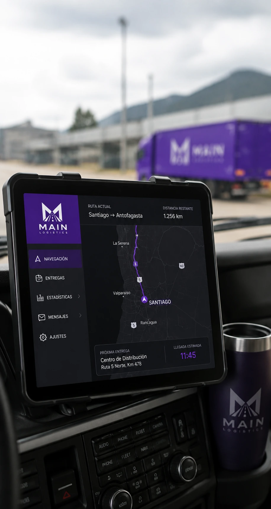 Tablet en cabina mostrando la ruta activa en el portal de Main Logistics