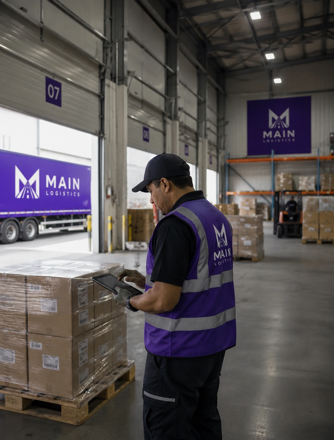 Operario de Main Logistics revisando pallets en bodega con una tablet