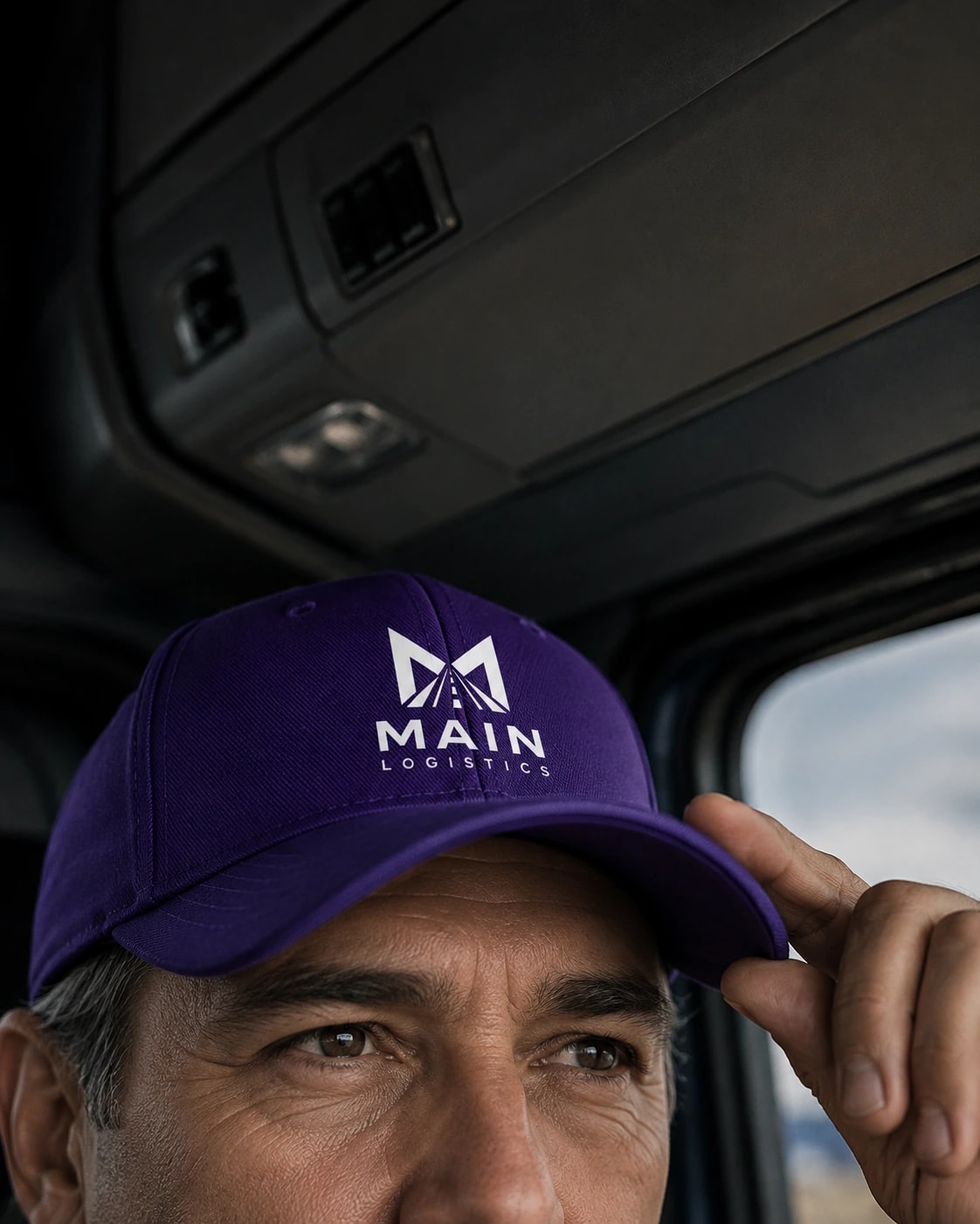 Conductor de Main Logistics en la cabina, con gorra de la marca
